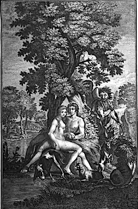 Satan schleicht um Adam und Eva herum