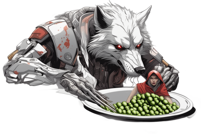 Ein hungriger Cyberwolf freut sich auf Rotkäppchen mit grünen Erbsen